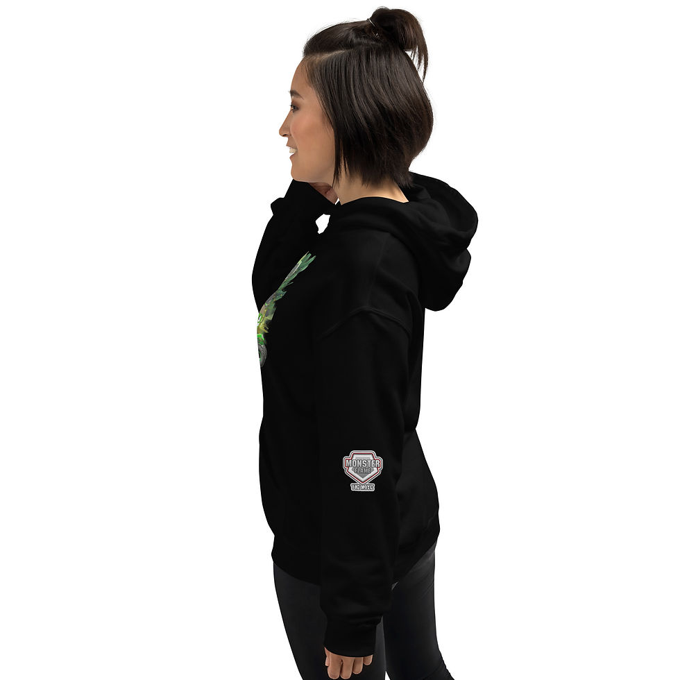 Thumbnail: Woman wearing black hoodie with design stands with the background.