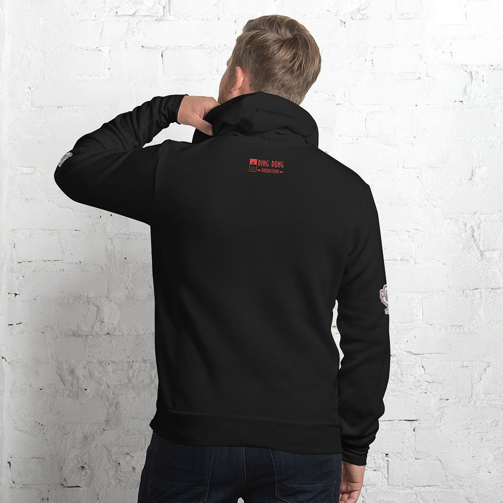 Thumbnail: Man modeling a black hoodie with red text on the back