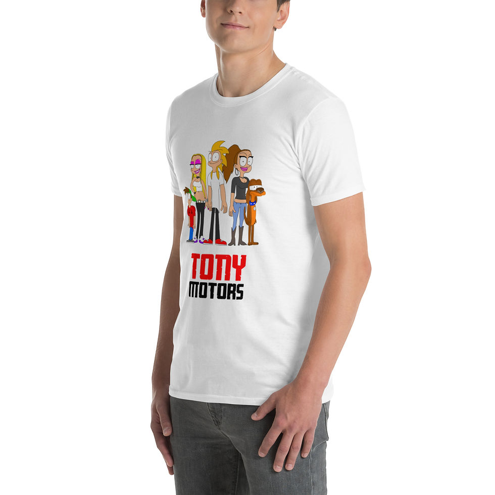 Thumbnail: Man wearing white Tony Motors T-shirt with cartoon characters and Buzz Motorsports - T-Shirt (Youth).