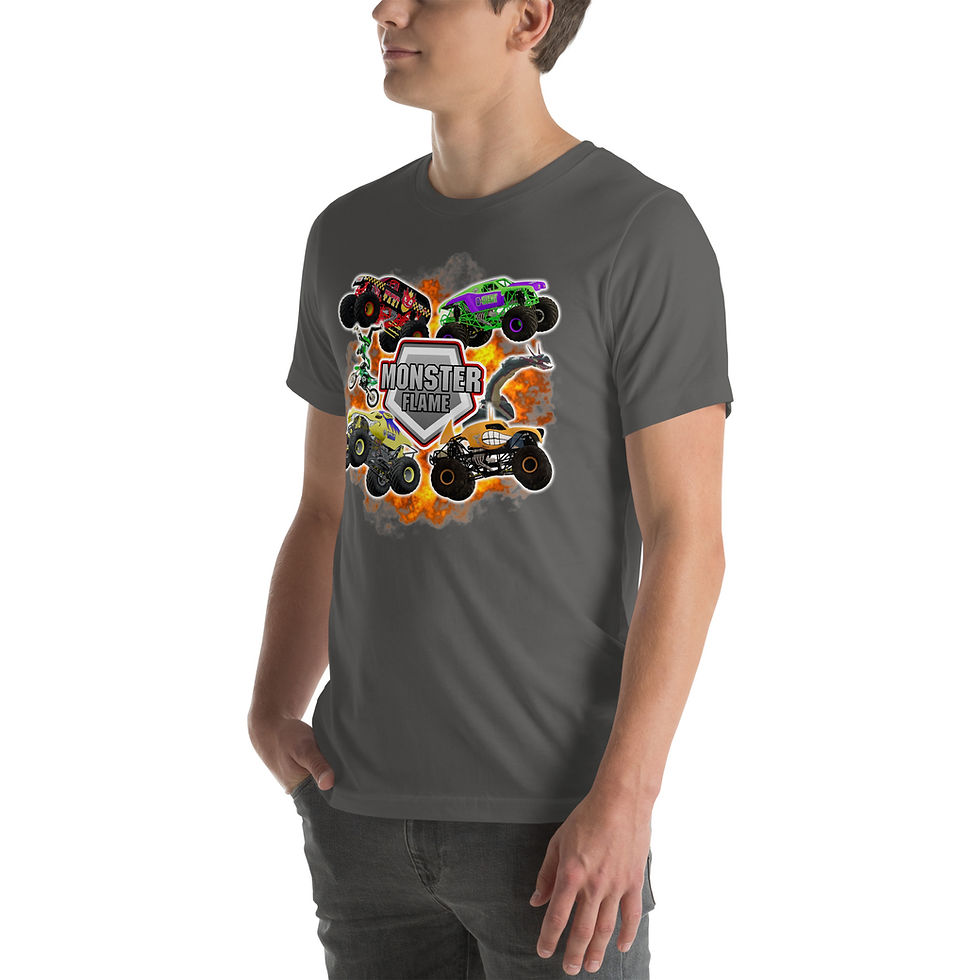 Thumbnail: Man wearing Buzz (Monster Truck) - Hoodie (Unisex) t-shirt on gray background.