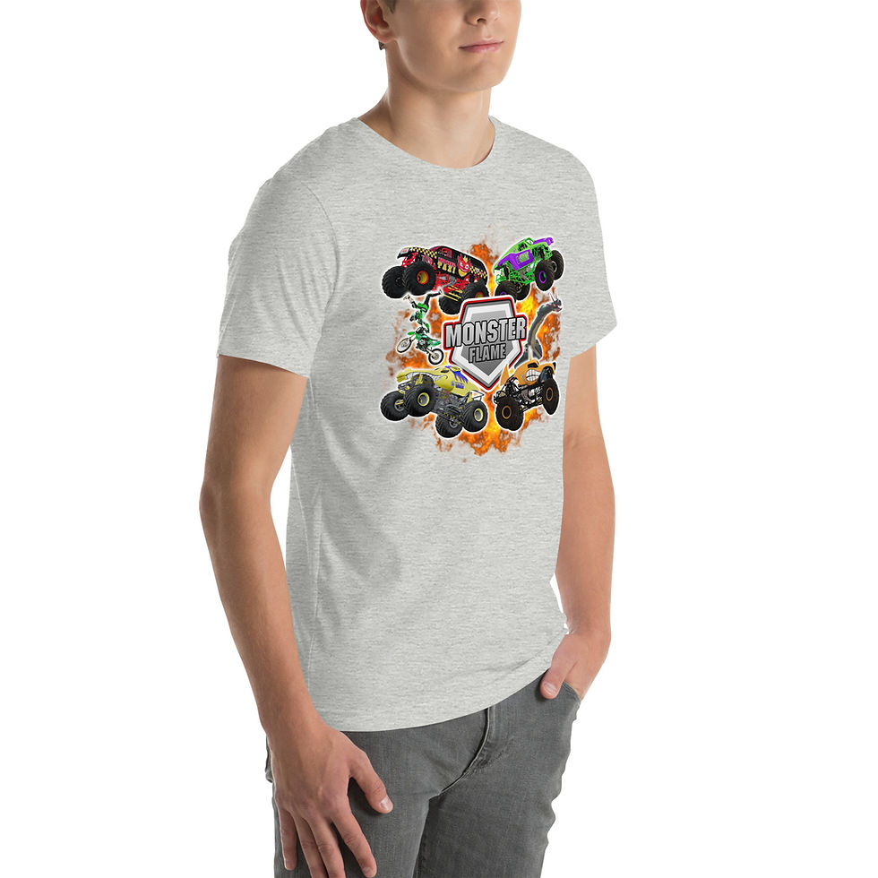 Thumbnail: Man wearing gray t-shirt with monster truck graphic. Buzz (Monster Truck) - Hoodie (Unisex).