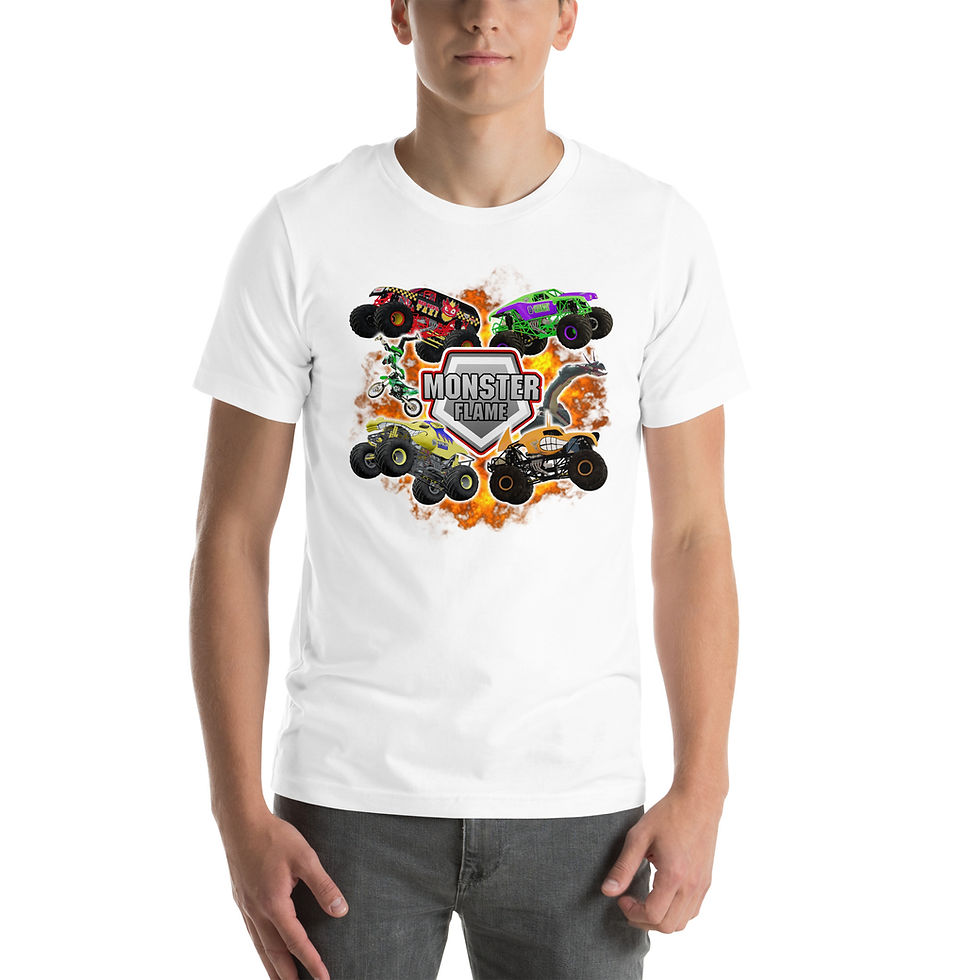 Thumbnail: Man wearing white t-shirt with monster truck graphic. Buzz Hoodie (Unisex).
