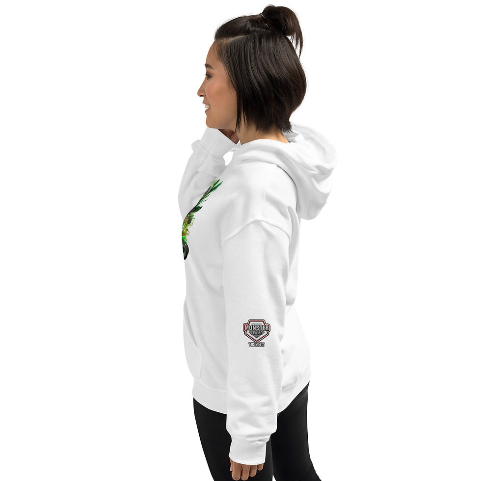 Thumbnail: Woman wearing white hoodie with design, side view, smiling in casual setting.