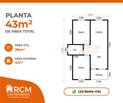 Planta 43m² - 2 quartos