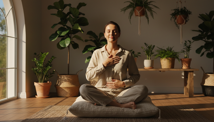 Eye-level view of a person sitting calmly with one hand on their chest in a sunlit room.