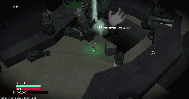 Top-down game scene: a lone character stands in a dark stone cavern near a glowing hand and the text: Claim your fortune?