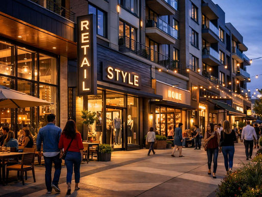 Modern retail architecture with transparent storefronts and pedestrian-friendly design driving foot traffic in a mixed-use development