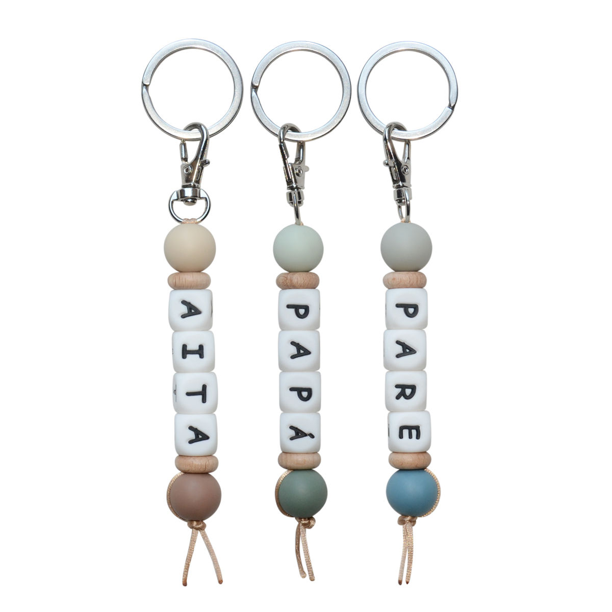 Llaveros personalizados con la palabra papá en 3 colores