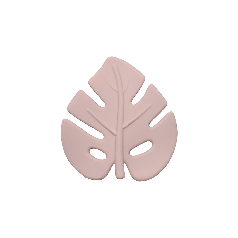 Miniatura: Vista trasera del mordedor de silicona en forma de hoja de monstera color rosa empolvado - Accesorios para bebé