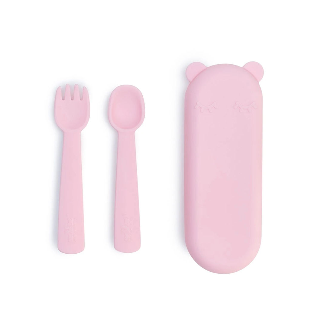 Estuche de We Might Be Tiny con forma de oso color Rosa con tenedor y cuchara de silicona alimentaria