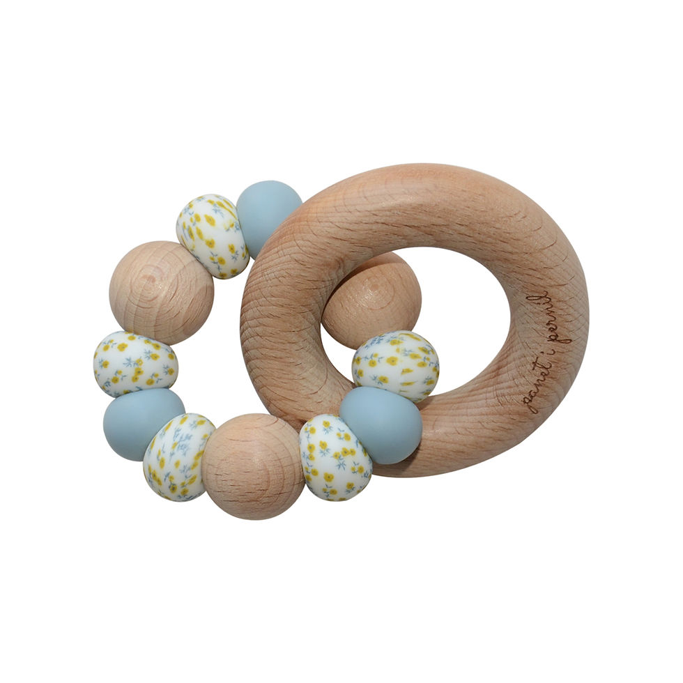 Miniatura: Mordedor de silicona y madera modelo LILY de flores color azul empolvado - Accesorios para bebé