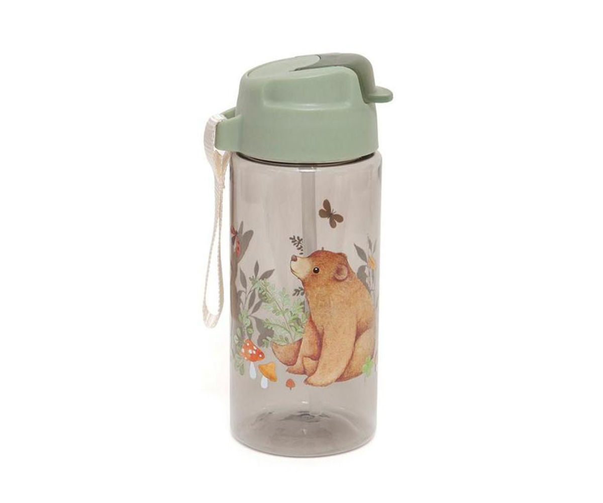 Botella de plástico con tapa superior y pajita, con ilustraciones de animales del bosque