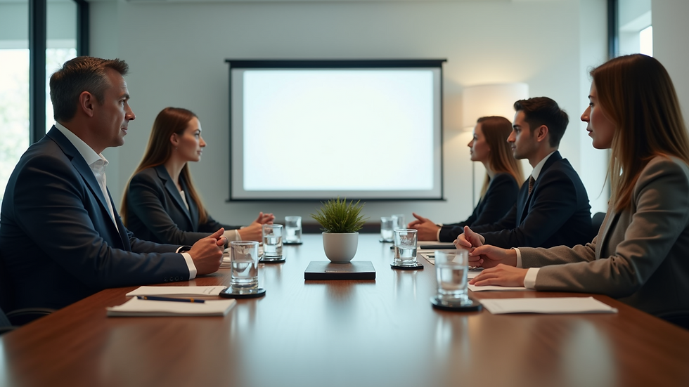 Vue en plongée d’une salle de réunion avec plusieurs personnes discutant autour d’une table