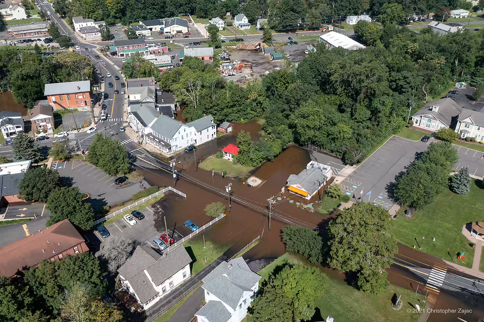 Flooding in downtown Plantsville on September 2, 2021 PHOTO COURTESY OF OFFICE OF REP POULOS; ORIGINAL BY CHRISTOPHER ZAJAC