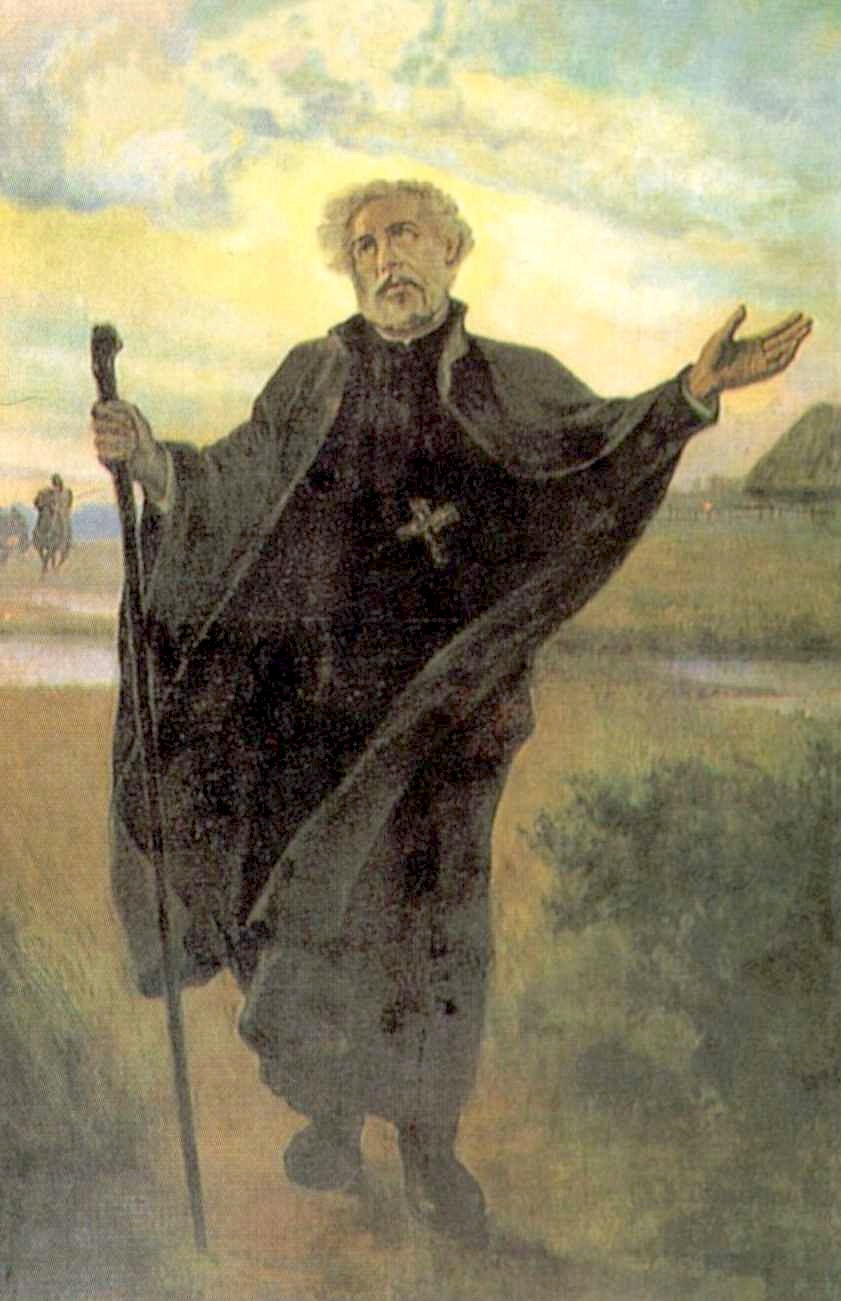 painting of Saint Andrew Bobola walking with a staff