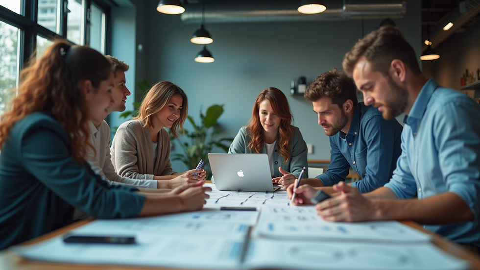 Eye-level view of a diverse team collaborating on a global project