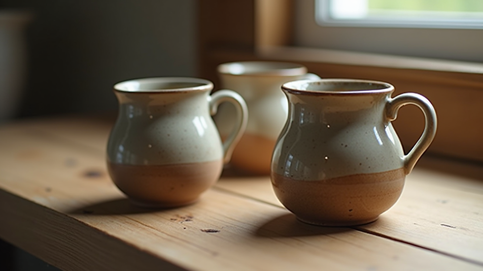 Close-up view of handmade ceramic mugs
