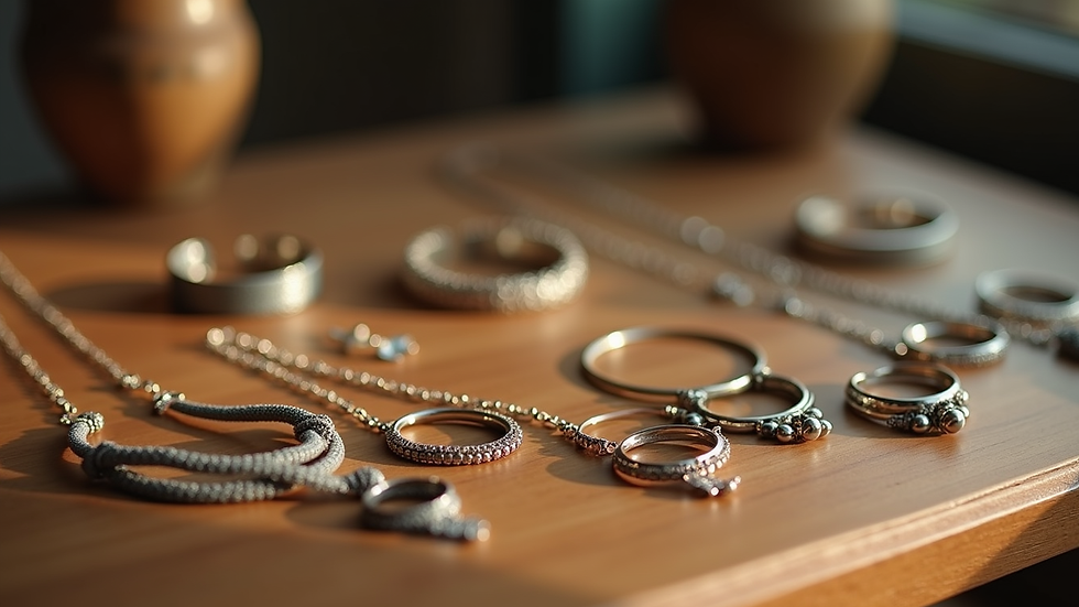 Close-up view of handmade jewelry displayed on a wooden table