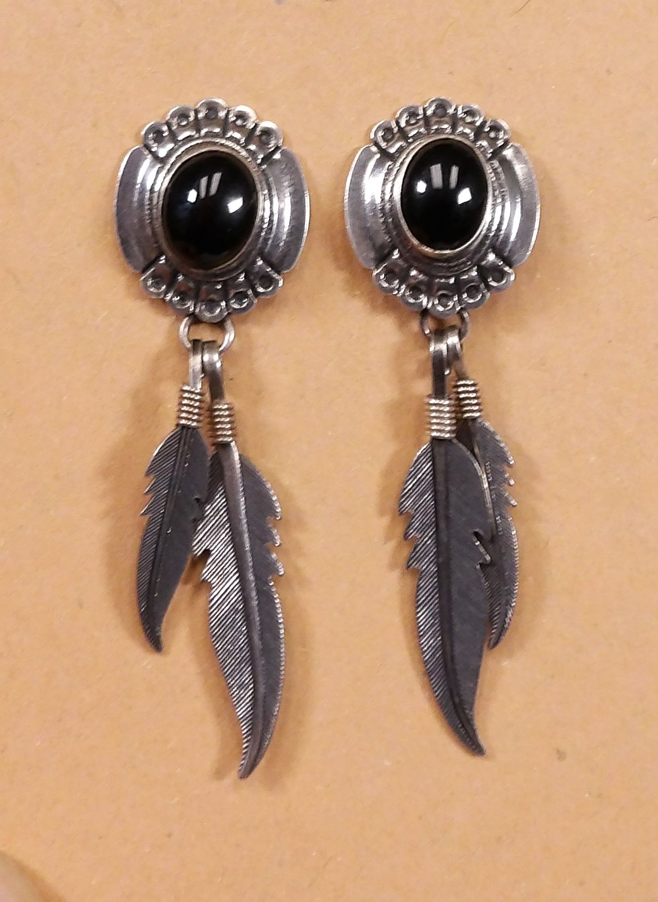 Black Onyx & Sterling Silver feather post earrings