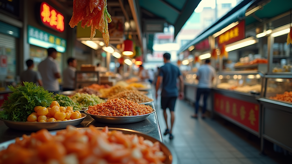 Eye-level view of a bustling hawker center filled with diverse food stalls