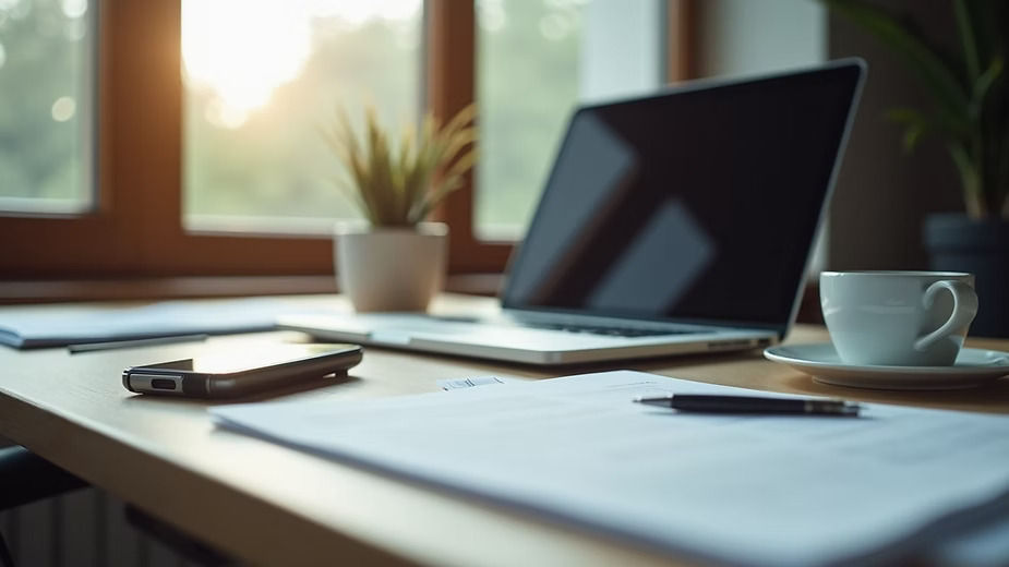 Eye-level view of an office desk with a laptop and paperwork