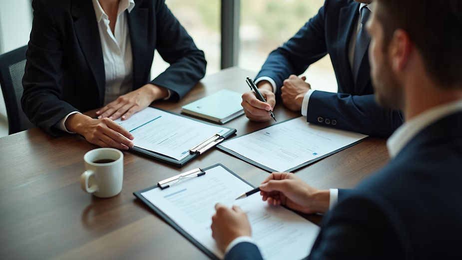 High angle view of a business meeting with two people discussing documents