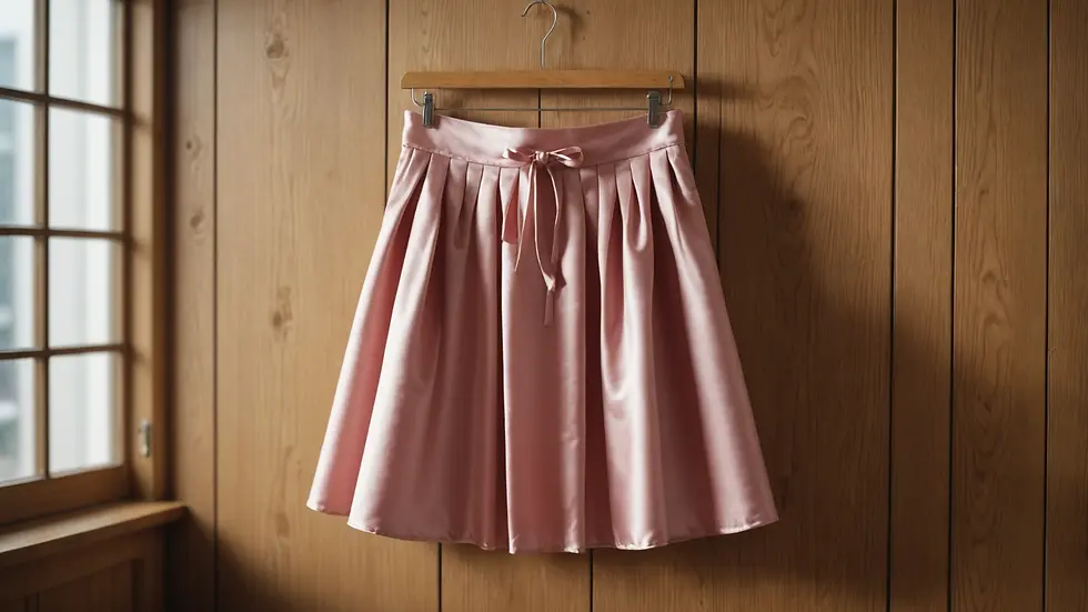 Close-up view of a satin skirt hanging elegantly on a wooden hanger