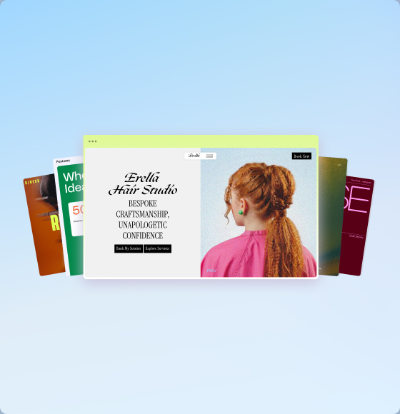 Collection of website templates including a hair studio landing page with elegant typography and booking options