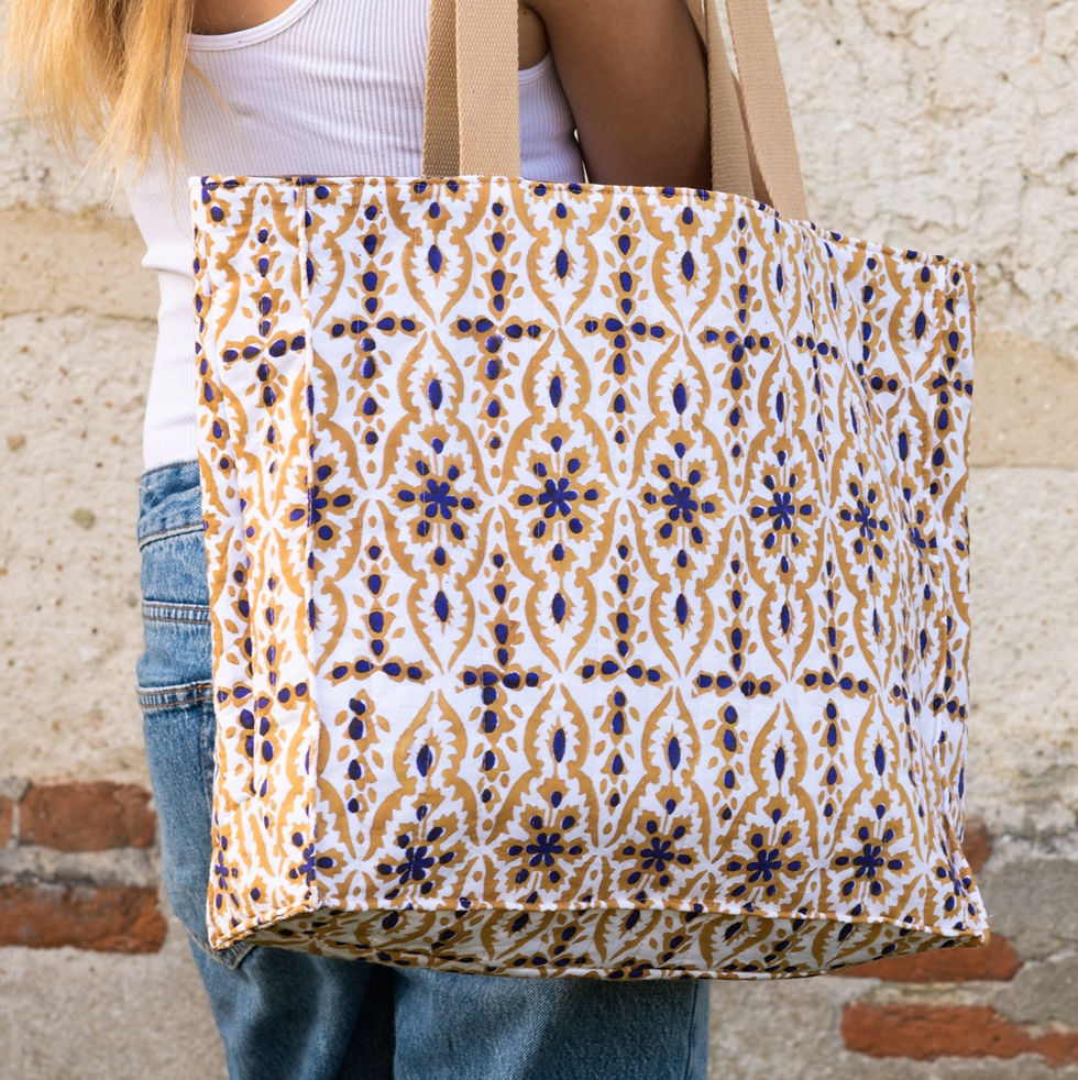 Miniature : Grand Cabas en coton indien beige et bleu