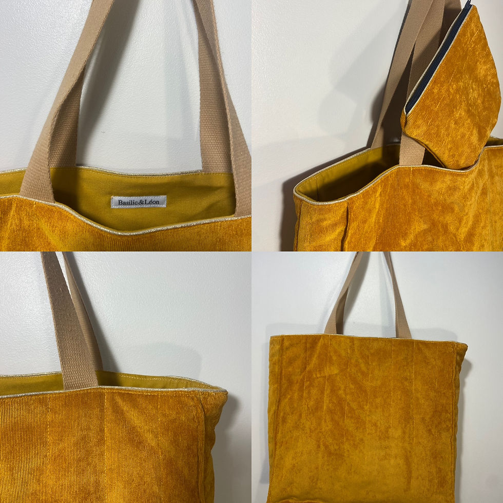 Miniature : Grand  cabas en velours  jaune safran avec pochette 