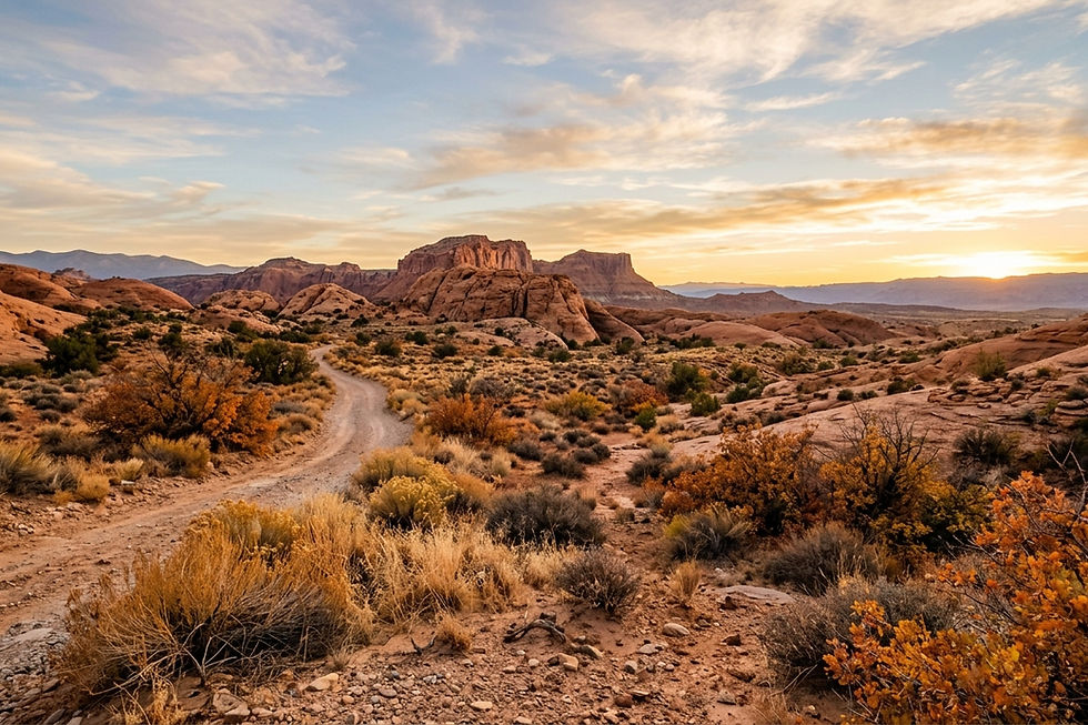 Winding dirt road through red rock desert shrubs at sunset, with mesas under a glowing sky.