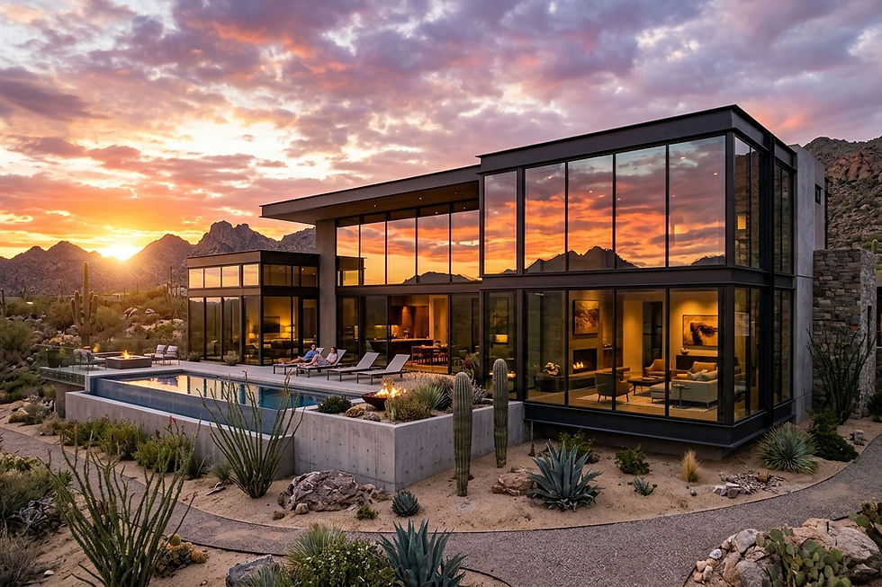 Modern glass desert home at sunset, with a couple lounging by the pool, mountain backdrop, cacti, and glowing warm reflections.