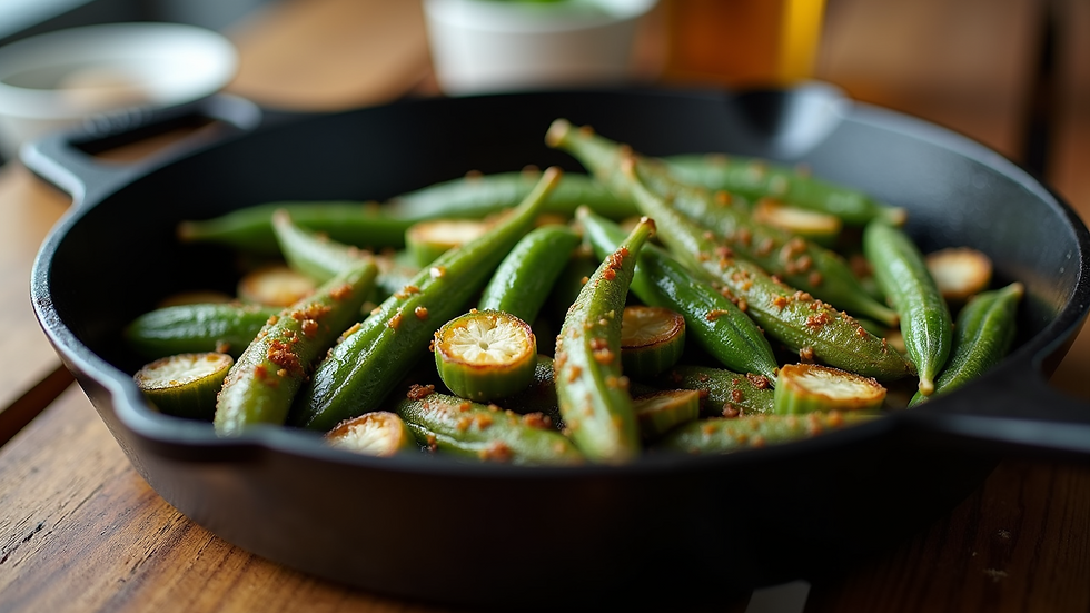 Close-up of a cast iron skillet with fried okra