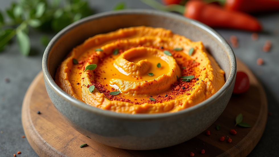 High angle view of a bowl of paprika-spiced hummus with a drizzle of olive oil