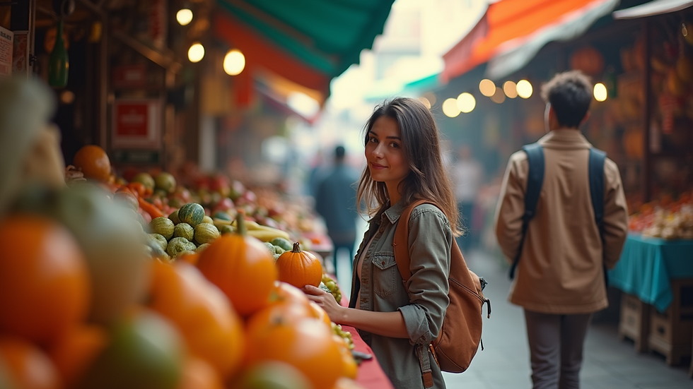 Eye-level view of a student exploring a vibrant market abroad