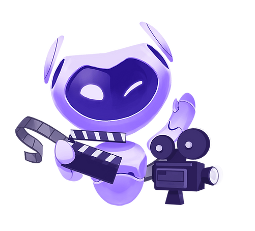 Ulusion robot mascot surrounding with film bants , holding clipper, movie machine on side,