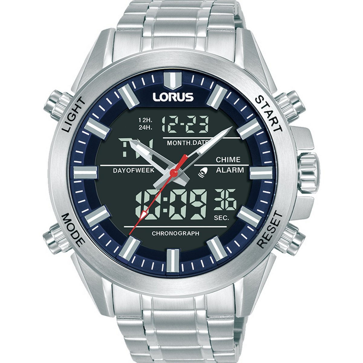 LORUS QUARTZ DUO DISPLAY GENTS STAINLESS STEEL BLUE DIAL BRACELET WATCH