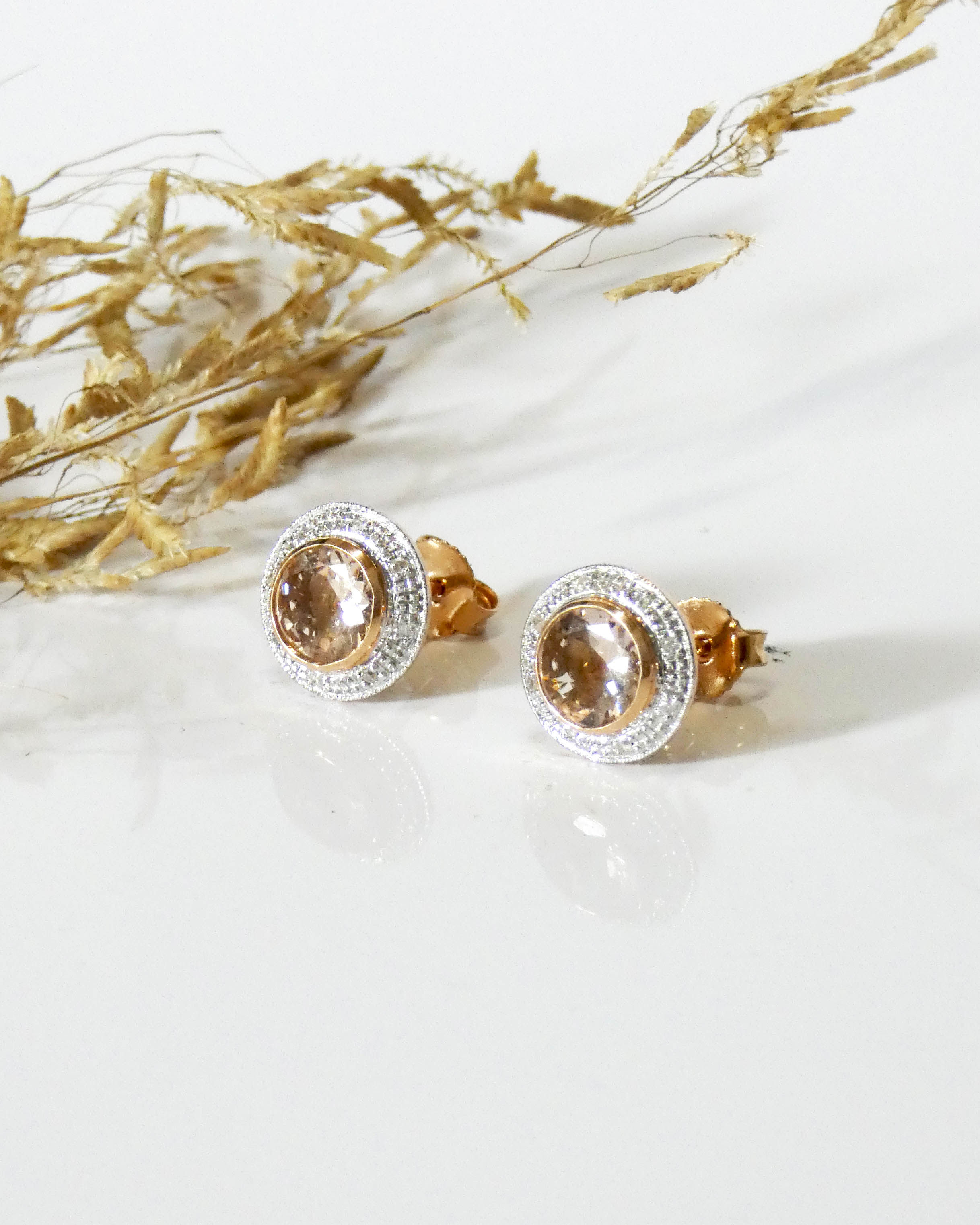 Morganite & Diamond Rose Gold Halo Stud Earrings