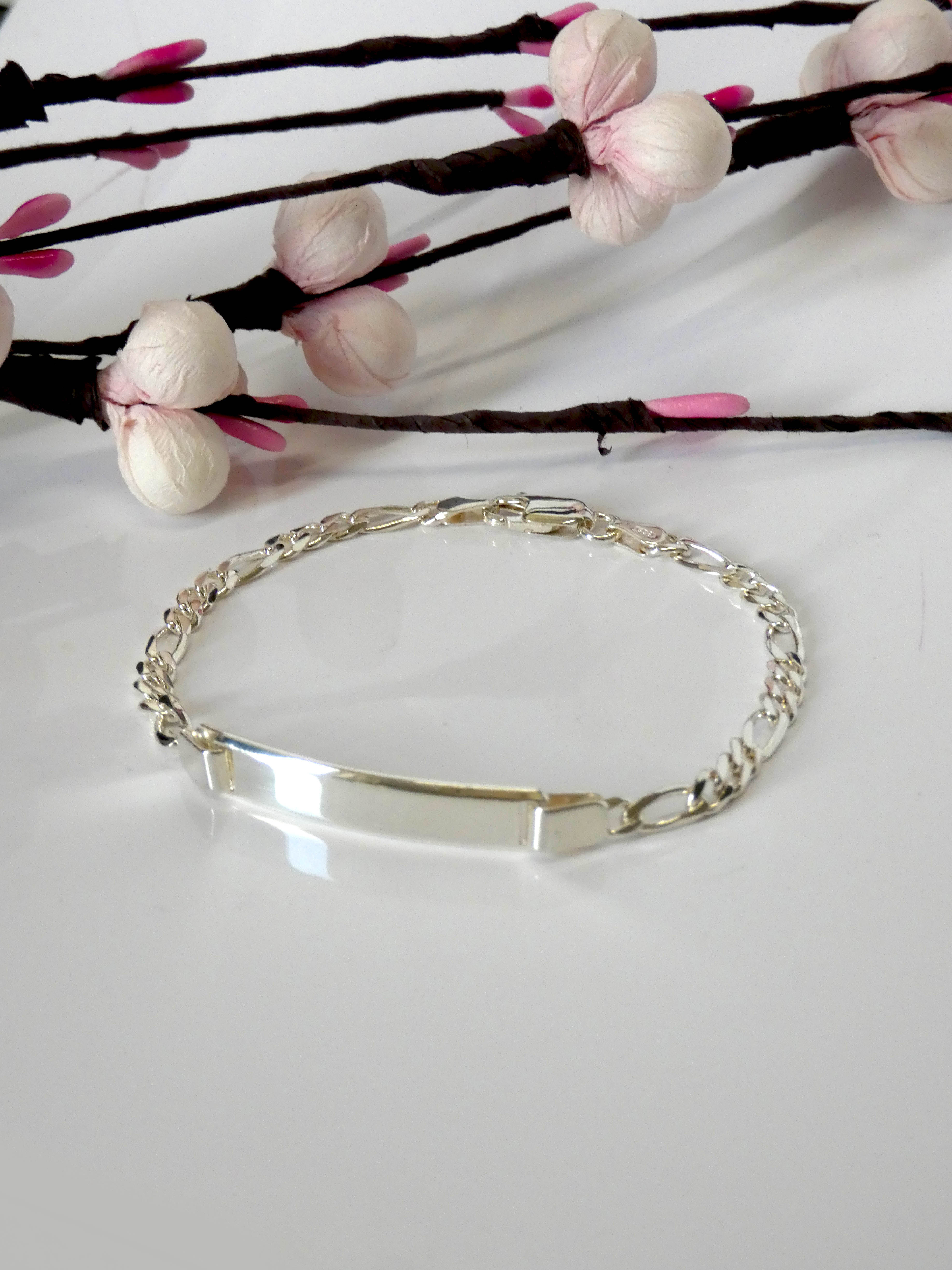 Silver ID Bracelet with Figaro Link Chain