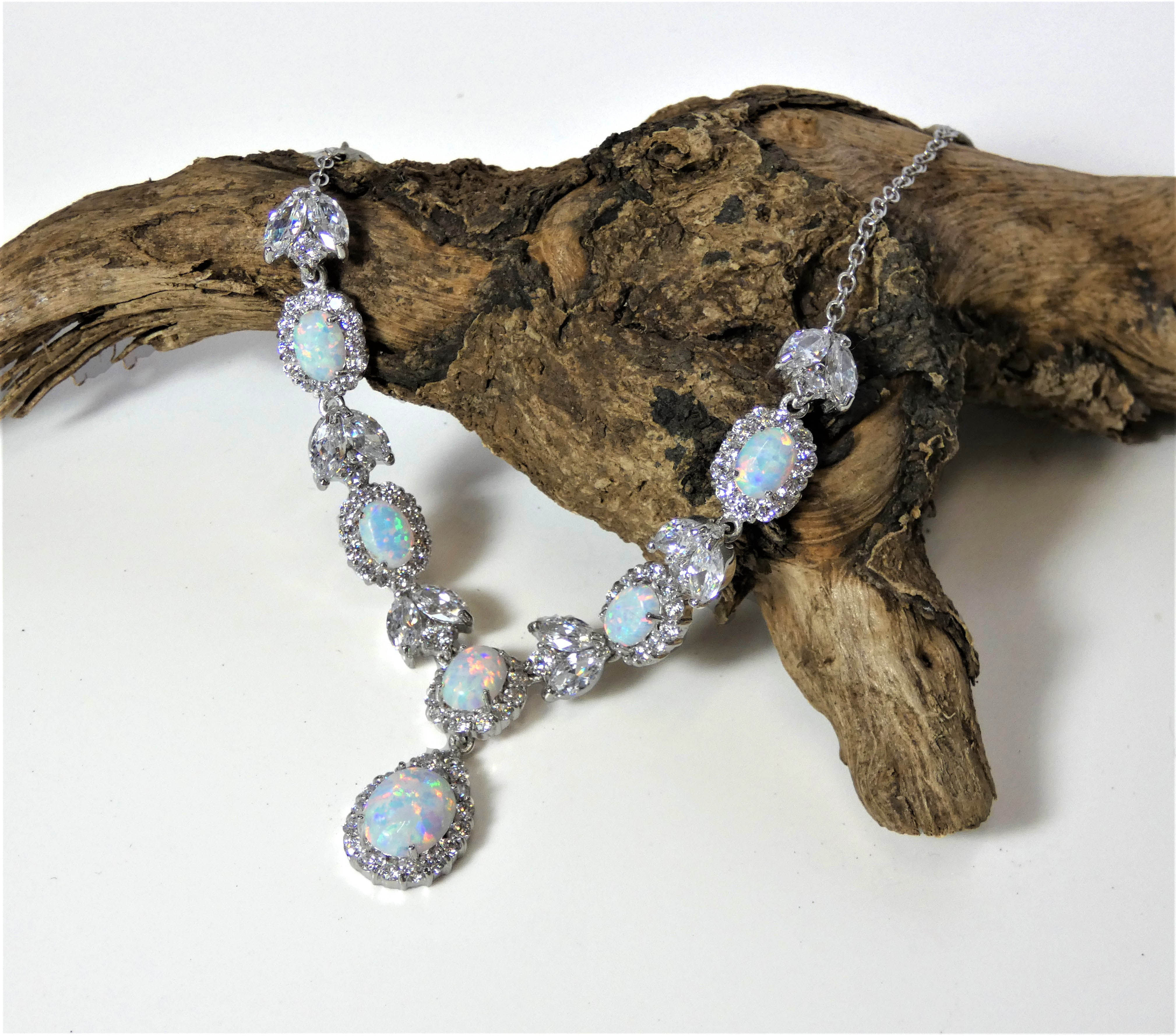 Sterling Silver Oval Created Opal & CZ Necklet