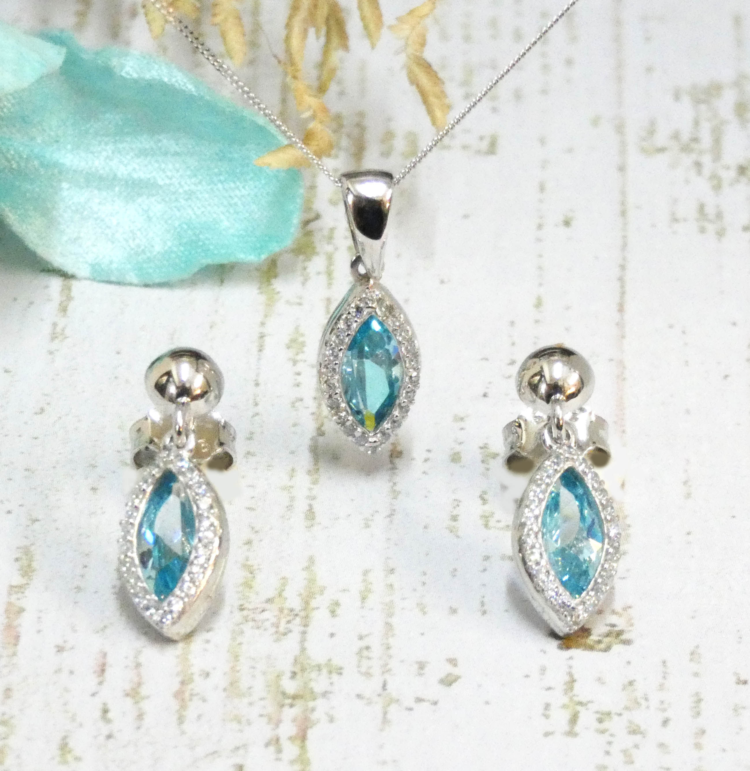 Marquise Cut Blue Topaz & CZ Pendant & Earing Set