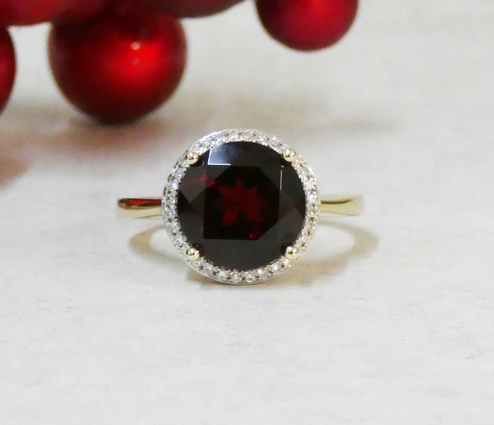 Round Garnet & Diamond Cluster Ring