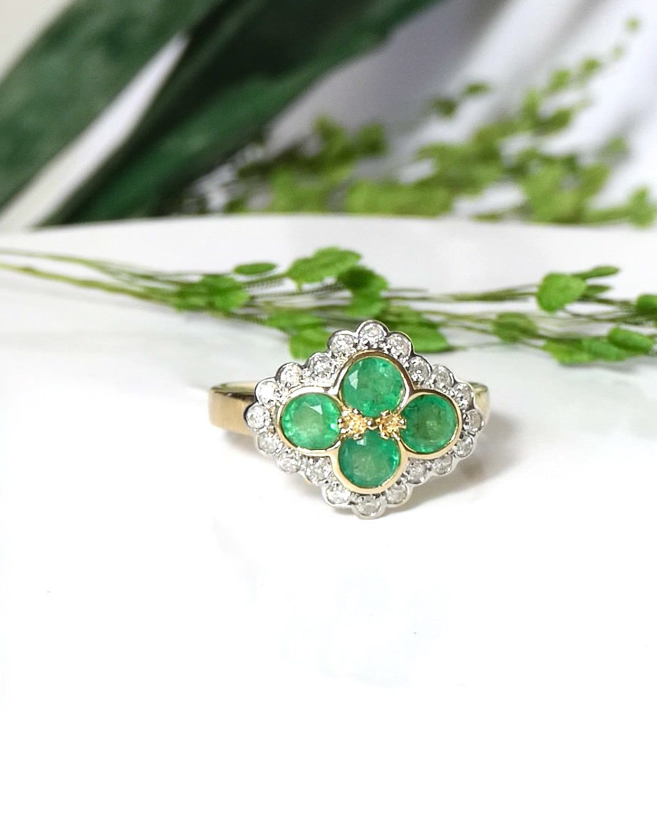 Thumbnail: Emerald & Diamond 4 Stone Cluster Ring