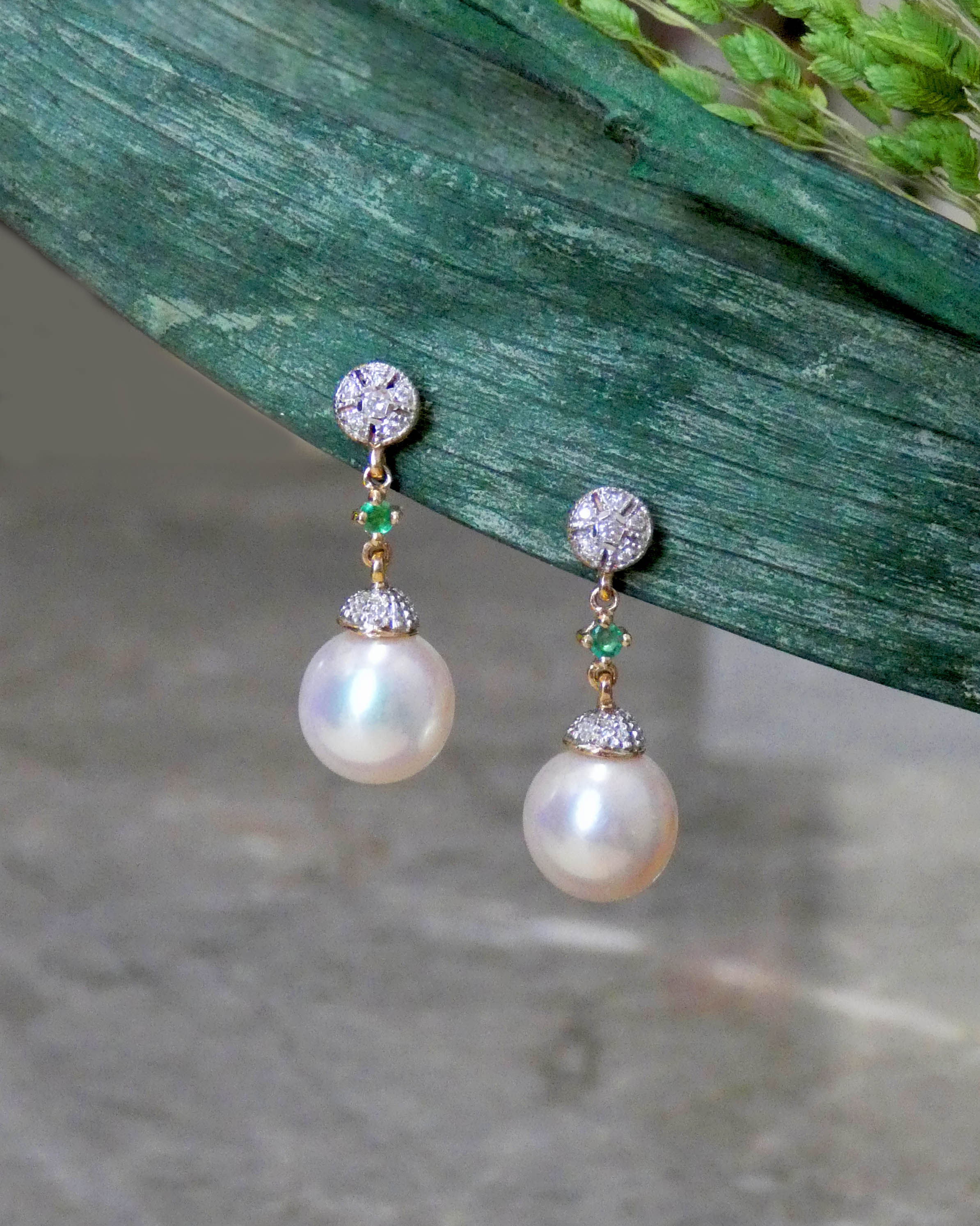 Emerald & Diamond Pearl Drop Earrings