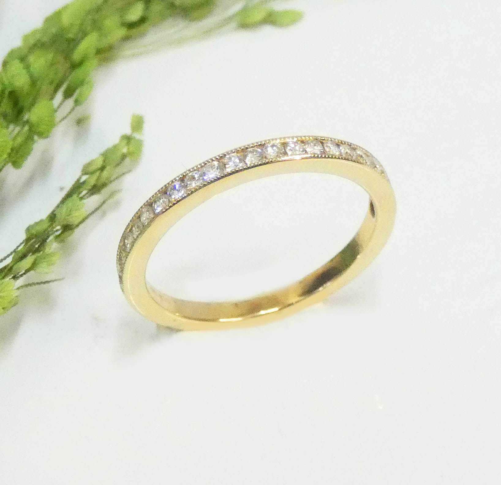 Yellow Gold Brilliant Cut Beaded Edge Diamond Band