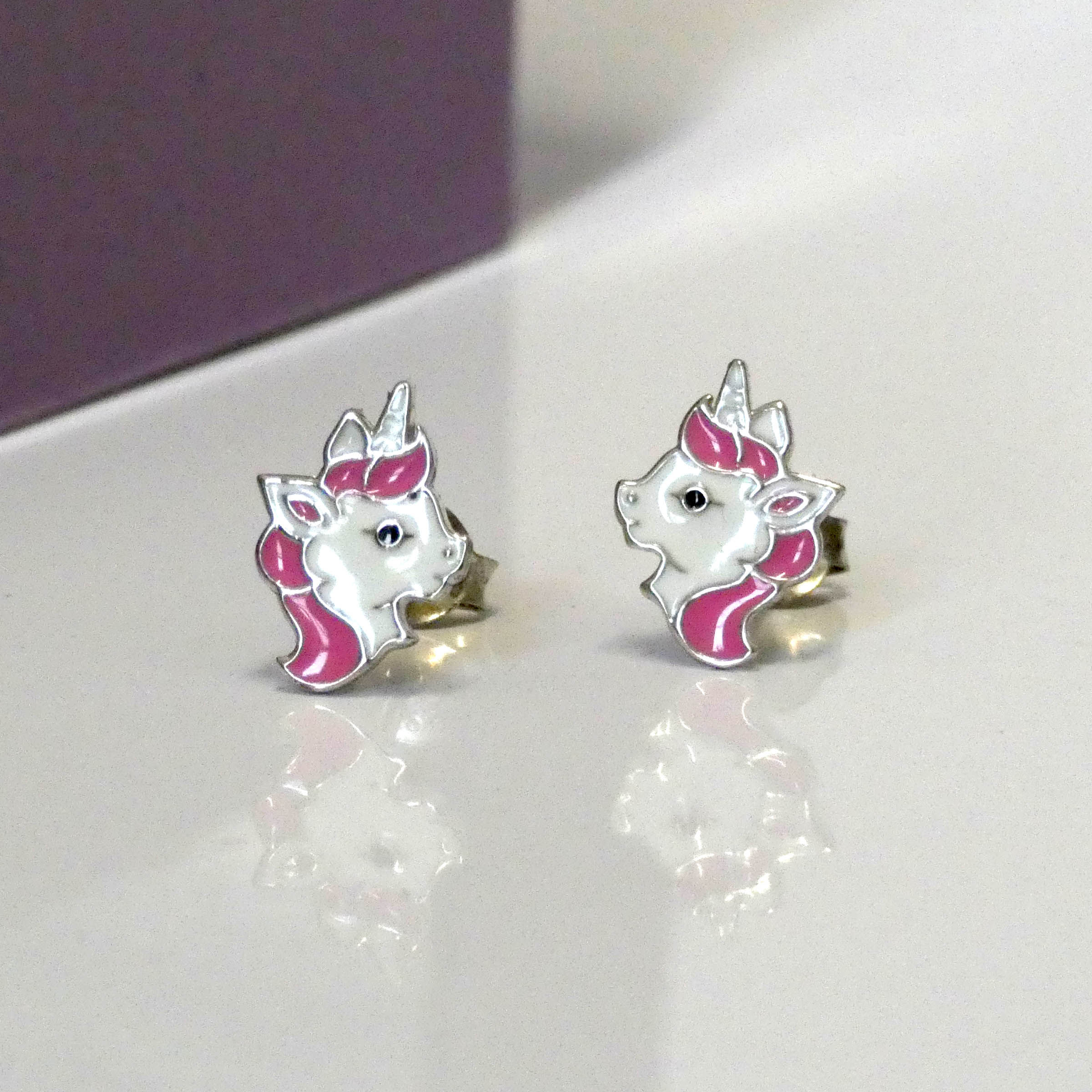 Pink & White Enamel Unicorn Earrings