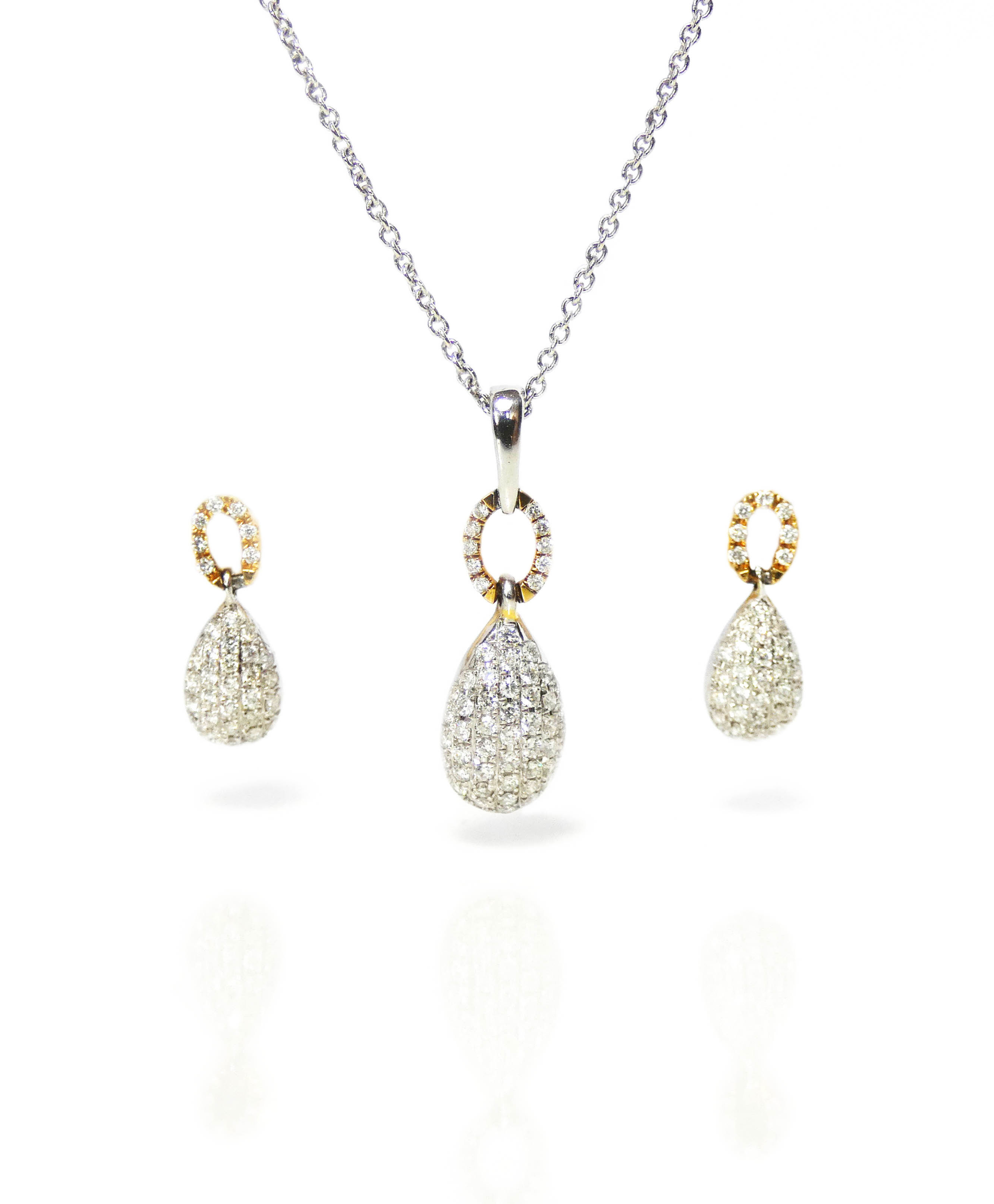 18ct Yellow & White Gold Tear Drop Pendant & Earring Diamond Set