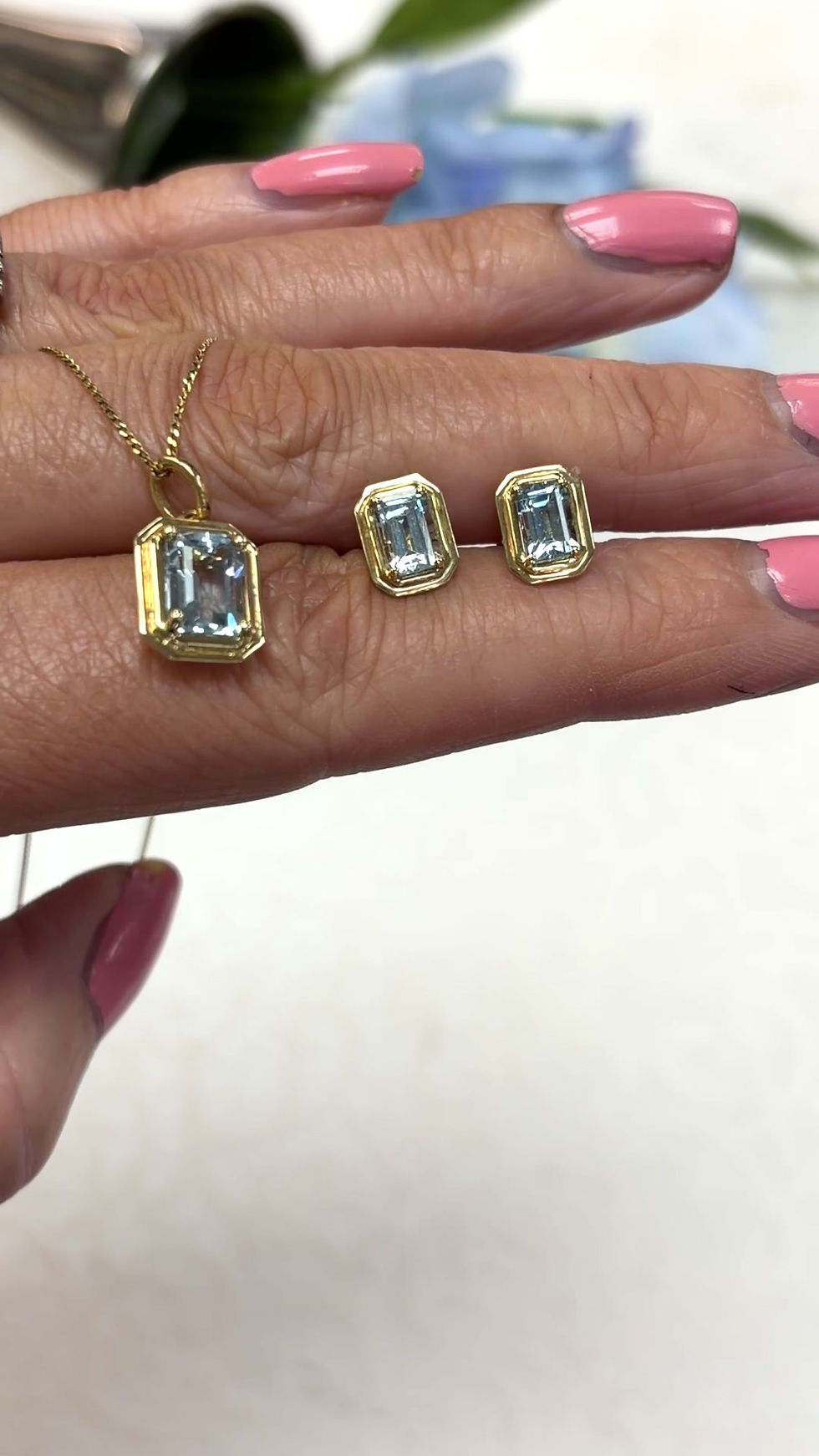 Thumbnail: Elongated Octagon Aquamarine Pendant & Earring Set