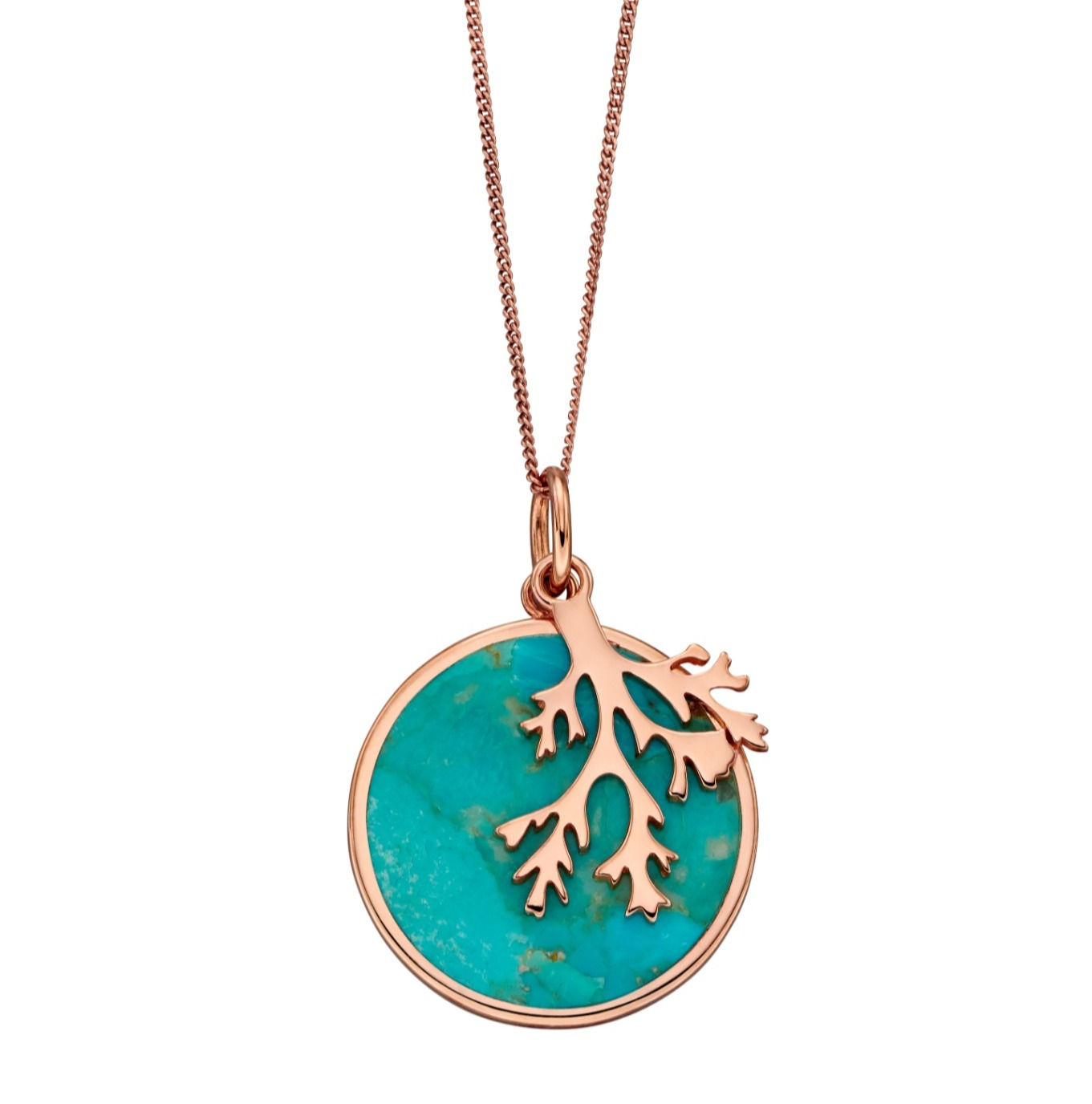 round Turquoise Pendant With Sterling Silver Rose Plate Overlay.