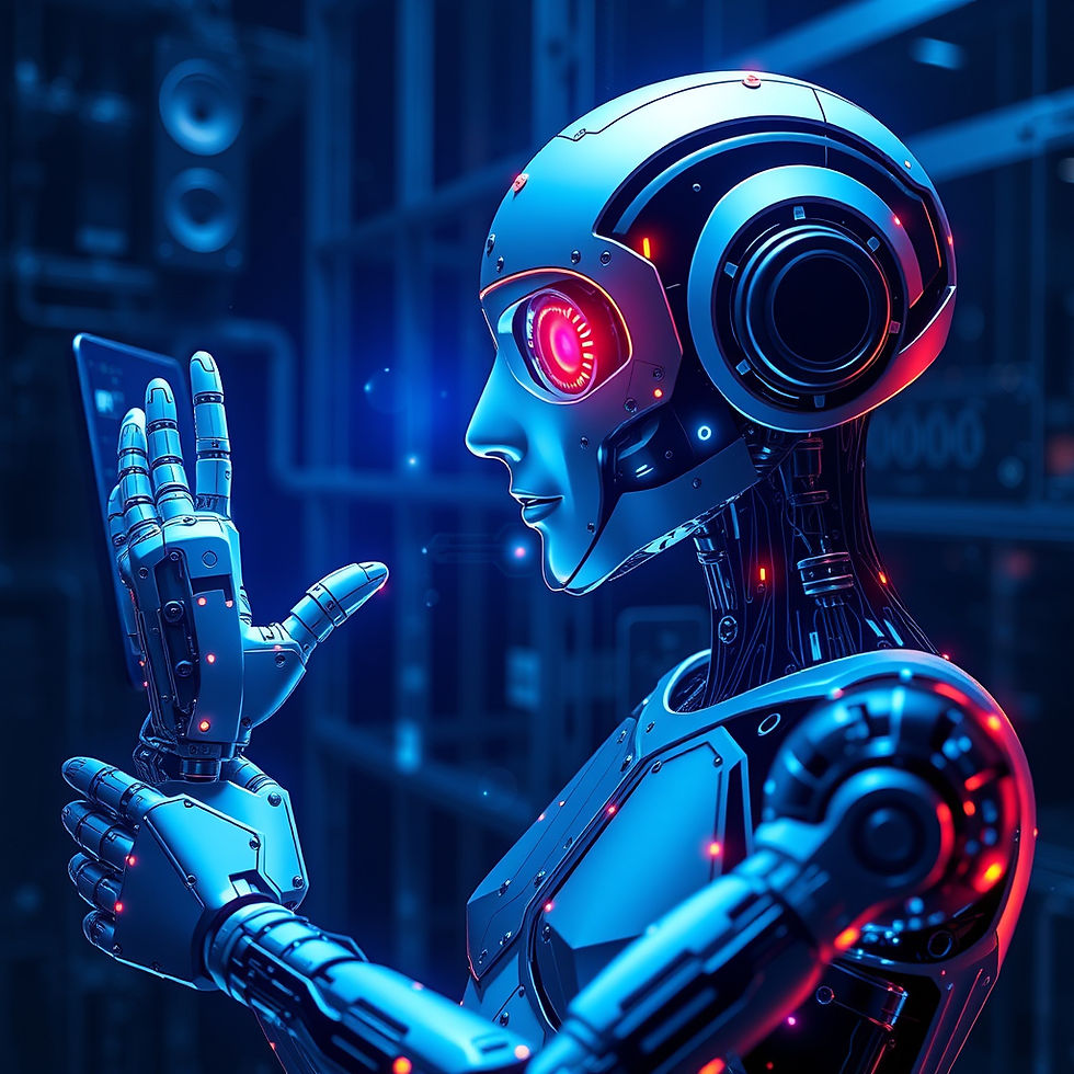 Futuristic robot with red glowing eyes interacts with a holographic screen in a neon-lit tech setting, exuding a sense of focus and precision.